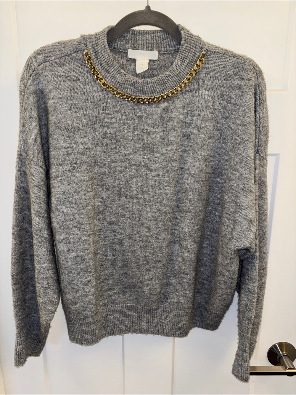H&M Gray Crewneck Sweater with Gold Chain Accent
